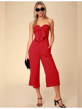 Lulu's Red Tie-Front Jumpsuit with Black Heart Print